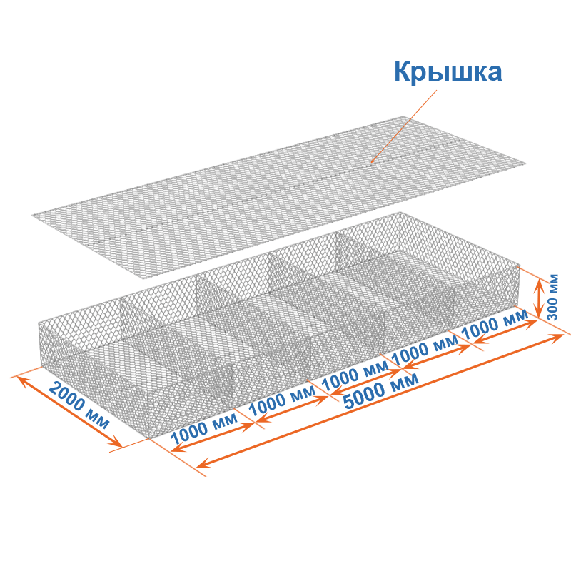 Габион матрац ГСИ-М 5х2х0,3 оцинкованный / ЦП, Ø проволоки 2,7/3,7 мм, размер ячейки 8х10 см фото